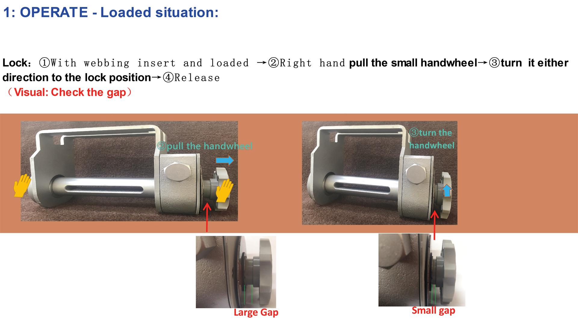 Lock procedure under load: pull the small handwheel, turn to the lock position, release. Close-ups compare a large gap with a small gap.